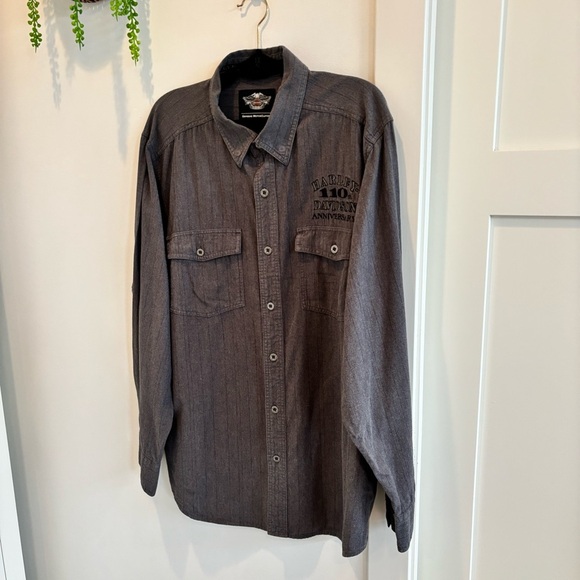 Harley Davidson Men's Grey Button Down Long Sleeve Embroidered Back Logo Size XL - Picture 2 of 12